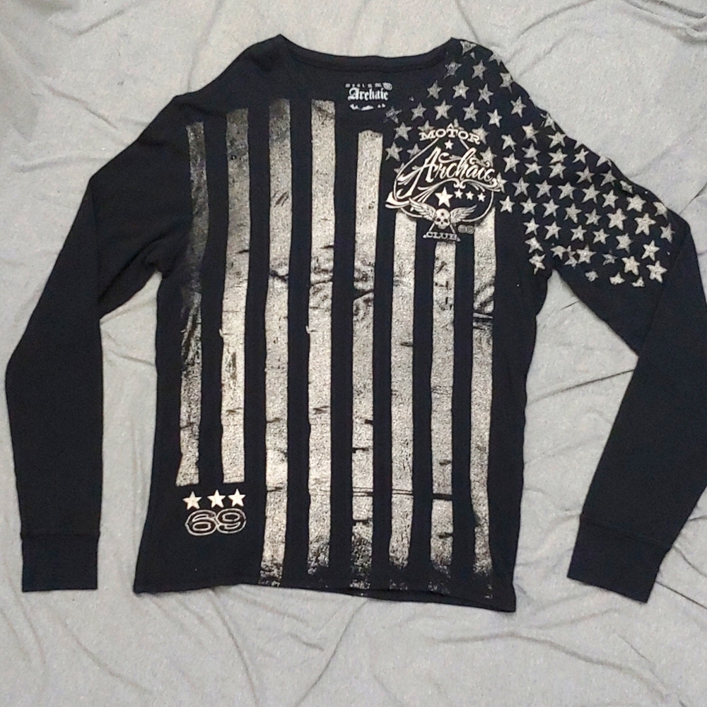 NWOT ARCHAIC DISTRESSED LS FLAG TEE * BLACK & GRAY * 3XL * THERMAL * 100% COTTON